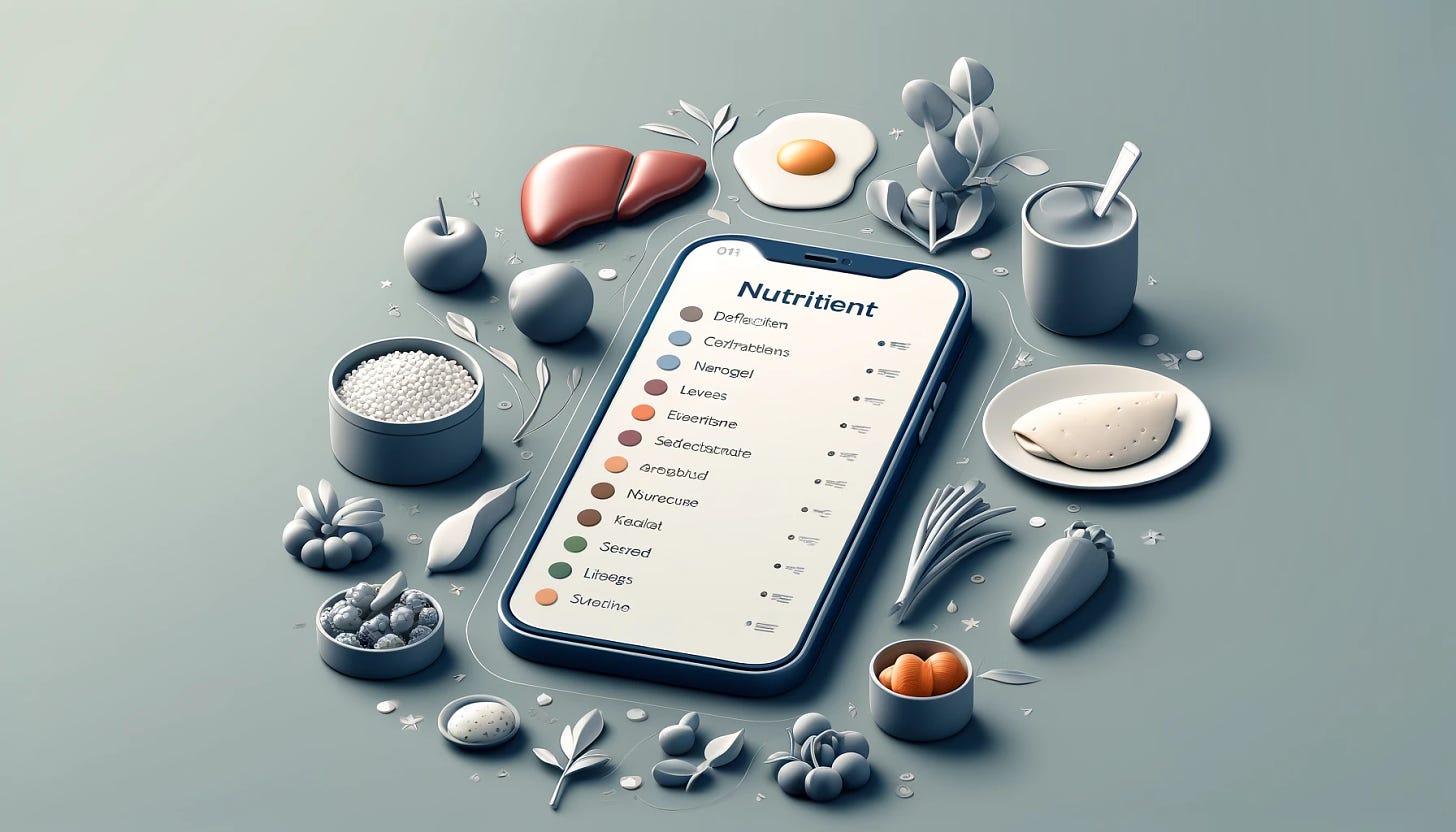An elegant and minimalistic 16:9 image illustrating the concept of a nutrition tracking app. The scene shows a smartphone displaying a list of nutrients, some marked as deficient and others as sufficient. The background is simple and clean, with a stylized representation of different foods like liver, vegetables, and an omelet, subtly suggesting variability in food preparation. The overall design is sophisticated with very few elements, conveying the concept of monitoring daily diet through an app.