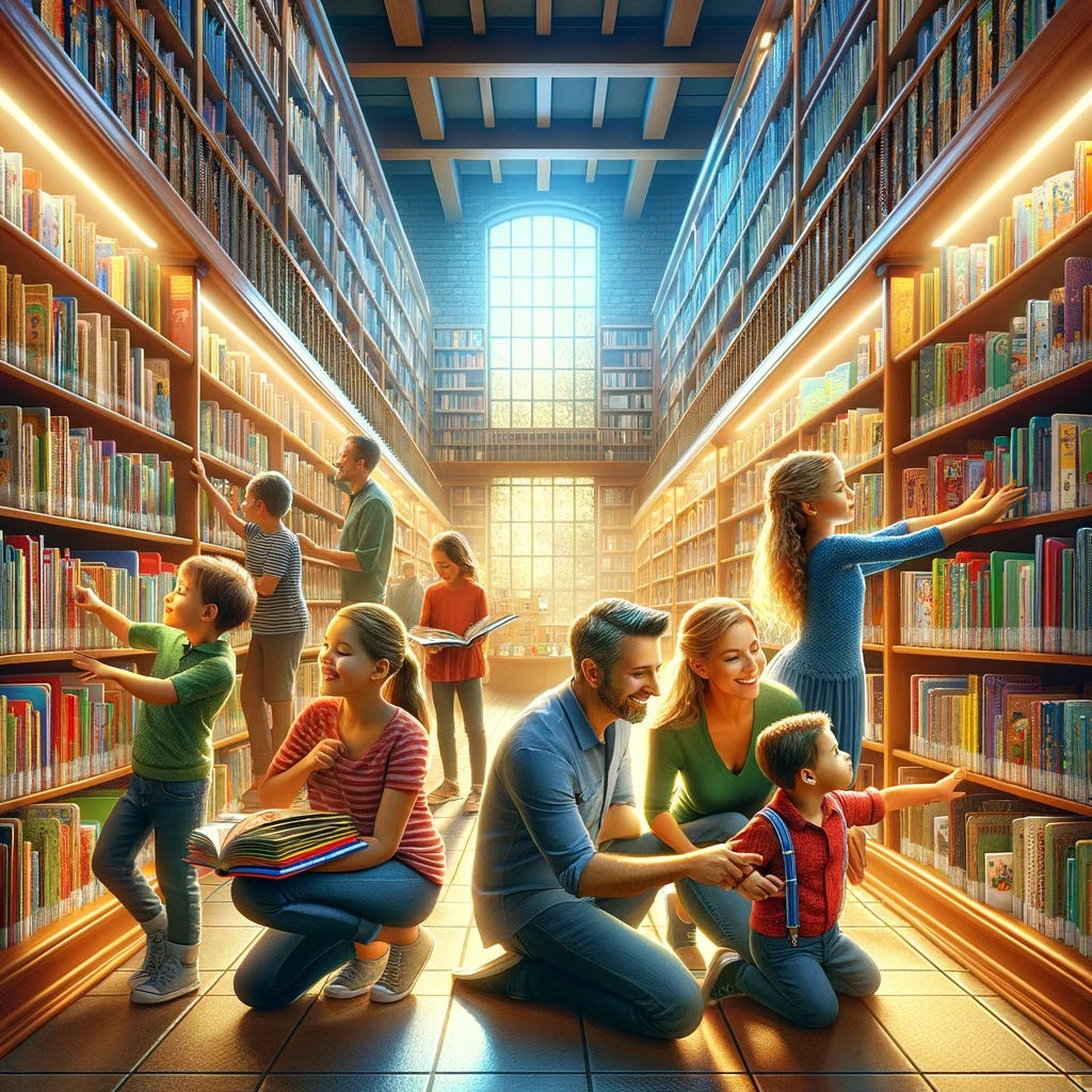 A vibrant and engaging scene of a family in a library, choosing books from the shelves. The family consists of parents and their children, each member browsing different sections according to their interests. One of the parents is kneeling down to help a younger child select a children’s book, pointing out colorful titles. Another child, older, is reaching for a book on a higher shelf, showing independence and curiosity. The library setting is rich with rows of bookshelves filled with an array of books, creating an atmosphere of learning and discovery. The light filtering through large windows illuminates the room, highlighting the family's shared enjoyment and the joy of choosing new books to read together. This image captures the essence of family bonding through the pursuit of knowledge and shared interests in a public library.