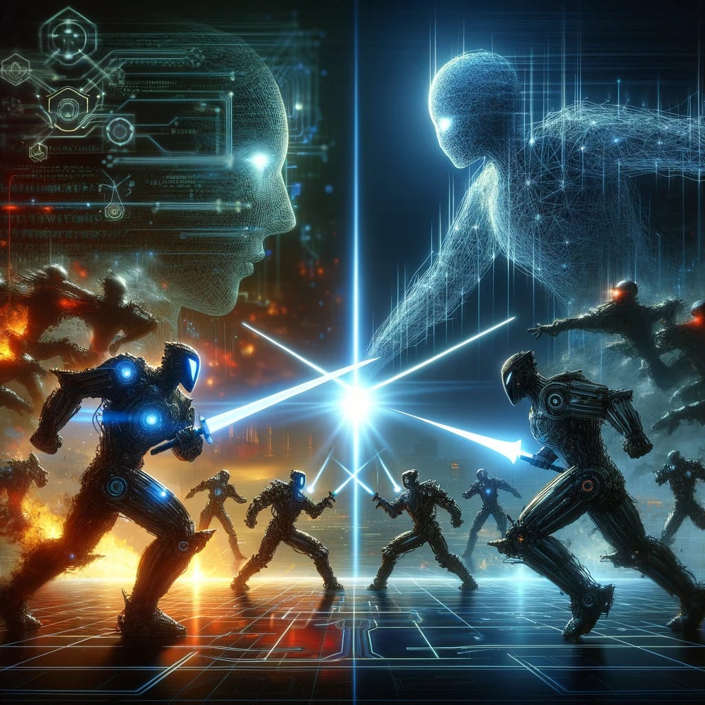An intense digital battlefield visualized as a dynamic standoff between two forces, represented by futuristic AI-driven robots. On one side, cyber attackers, depicted with aggressive, shadowy figures wielding digital weapons, symbolize the threat to cybersecurity. Opposite them, cyber defenders stand resilient, illuminated by a glow of protective energy, showcasing advanced defensive technology. The background is a digital landscape, signifying the cyber world, filled with codes and digital networks. This image captures the essence of the evolving AI-powered standoff in cybersecurity, highlighting the contrast between the agility of attackers and the strategic defense mechanisms.