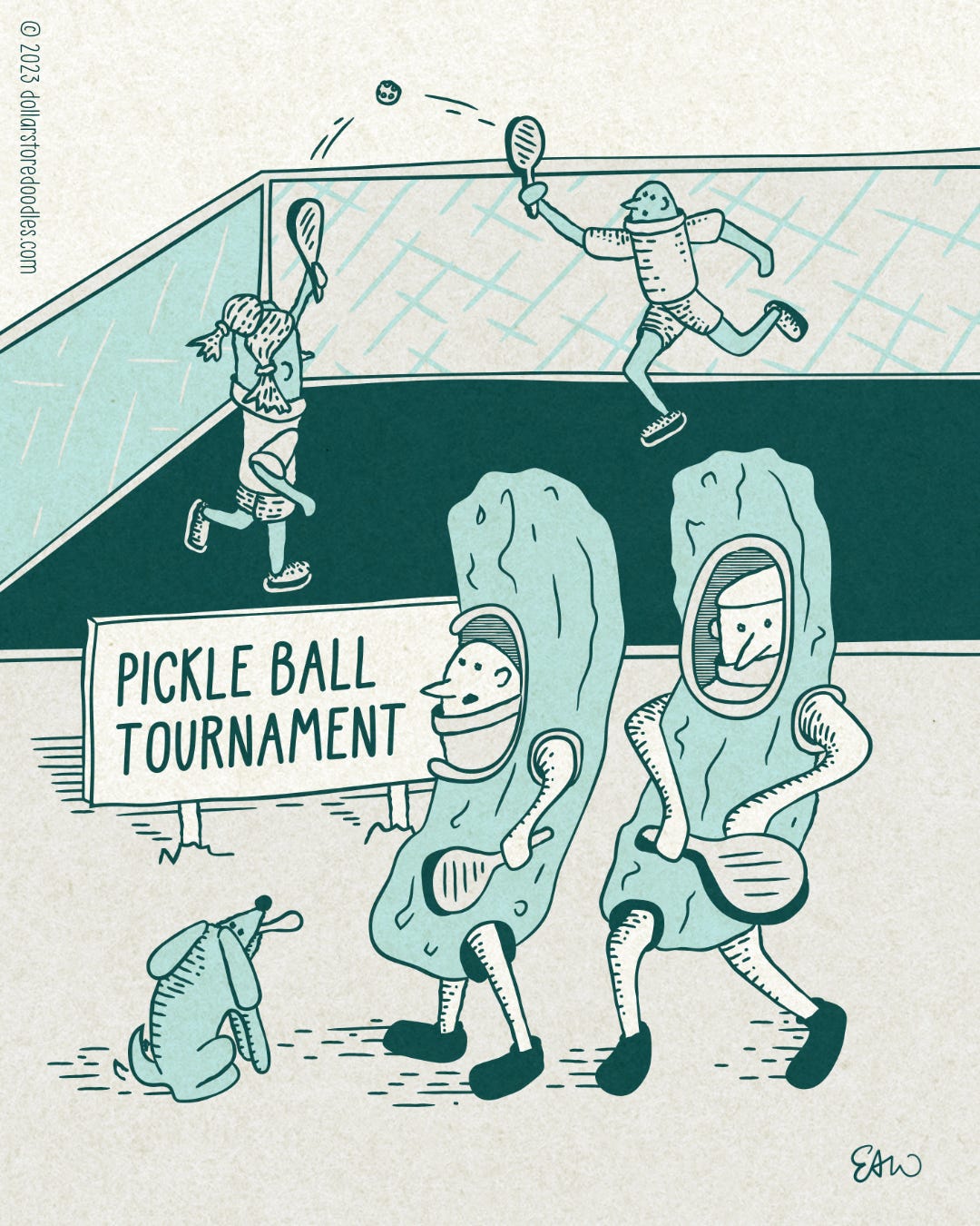 Single panel web comic in muted teal colour tones. Two people in the background are playing some form of racket ball. In the middle-ground is a sign that reads, "Pickle Ball Tournament." In the foreground are two characters dressed in full-size pickle costumes holding rackets. A dog sits idly staring up at them.