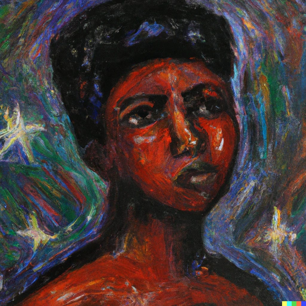 The image is AI generated using DALL-E 2 with the prompt, “An oil painting by Octavia Butler of a 15 year old black girl amongst the stars”.