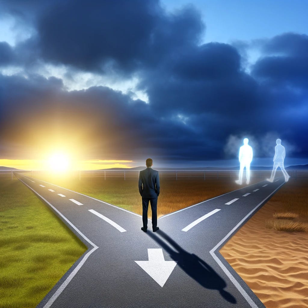 A compelling visual metaphor representing the paradox of decision-making and the inevitability of regret. The image illustrates a person standing at a crossroads in a vast, open landscape, facing two diverging paths: one leading to a sunny, bright future and the other to a cloudy, uncertain one. The individual is depicted looking back and forth between the two, embodying the state of indecision. Above the person, two transparent silhouettes are shown, each walking down a different path, symbolizing the potential regrets associated with each choice. This image captures the essence of the dilemma faced when making significant choices, highlighting the internal conflict and the understanding that regardless of the direction taken, there will be elements of regret and 'what ifs.' The surrounding environment's transition from dawn to dusk encapsulates the passing of time and the urgency in making life-altering decisions.
