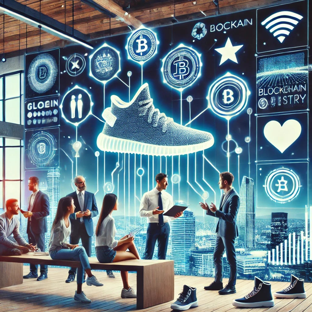 A modern shoe industry innovation event in Valencia. Show people discussing projects, with futuristic shoe designs on display. Include digital screens showing blockchain networks and tokens, and symbols of customer loyalty like hearts and stars. High-tech, professional atmosphere with shades of blue and white.