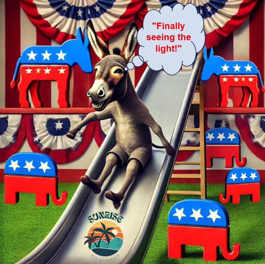 An image depicting multiple Democrat donkeys at the top of a slide, sliding down towards Republican elephants at the bottom, symbolizing the one-way shift from the Democratic Party to the Republican Party.