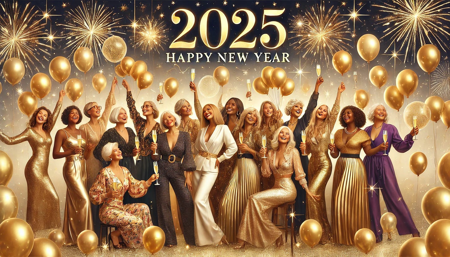 A festive and empowering Happy New Year 2025 scene designed for women over 50. The image features a group of diverse women joyfully celebrating against a sparkling, star-filled night sky. They are holding glasses of champagne, surrounded by golden balloons, twinkling lights, and a large banner that reads '2025 Happy New Year' in elegant script. The women exude confidence and camaraderie, dressed stylishly and radiating warmth and happiness. The atmosphere is uplifting, symbolizing hope, wisdom, and the excitement of new beginnings.