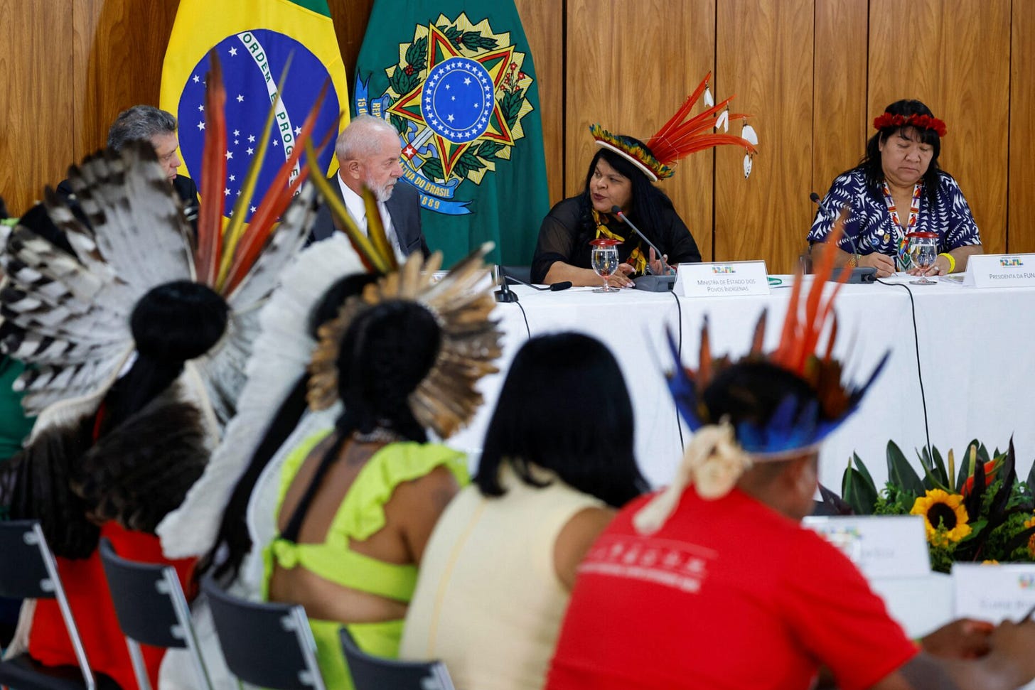 Brazil's President Luiz Inacio Lula da Silva and Minister of Indigenous Peoples Sonia Guajajara attend a meeting with Indigenous people on the day of a protest to demand the demarcation of land and to defend cultural rights, in Brasilia, Brazil April 25, 2024. Brazil's President Luiz Inacio Lula da Silva and Minister of Indigenous Peoples Sonia Guajajara attend a meeting with Indigenous people on the day of a protest to demand the demarcation of land and to defend cultural rights, in Brasilia, Brazil April 25, 2024.