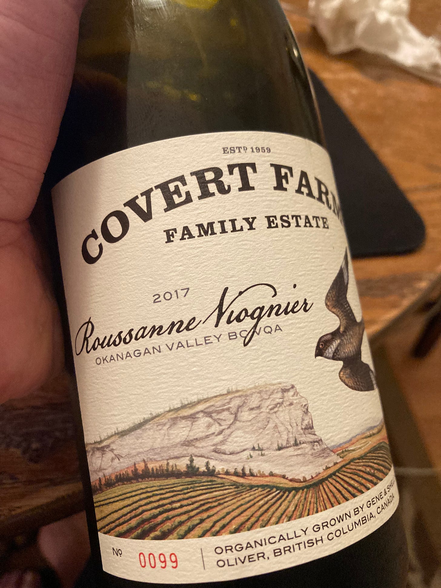 The front label of a bottle of Covert Farms 2017 Rousanne Viognier