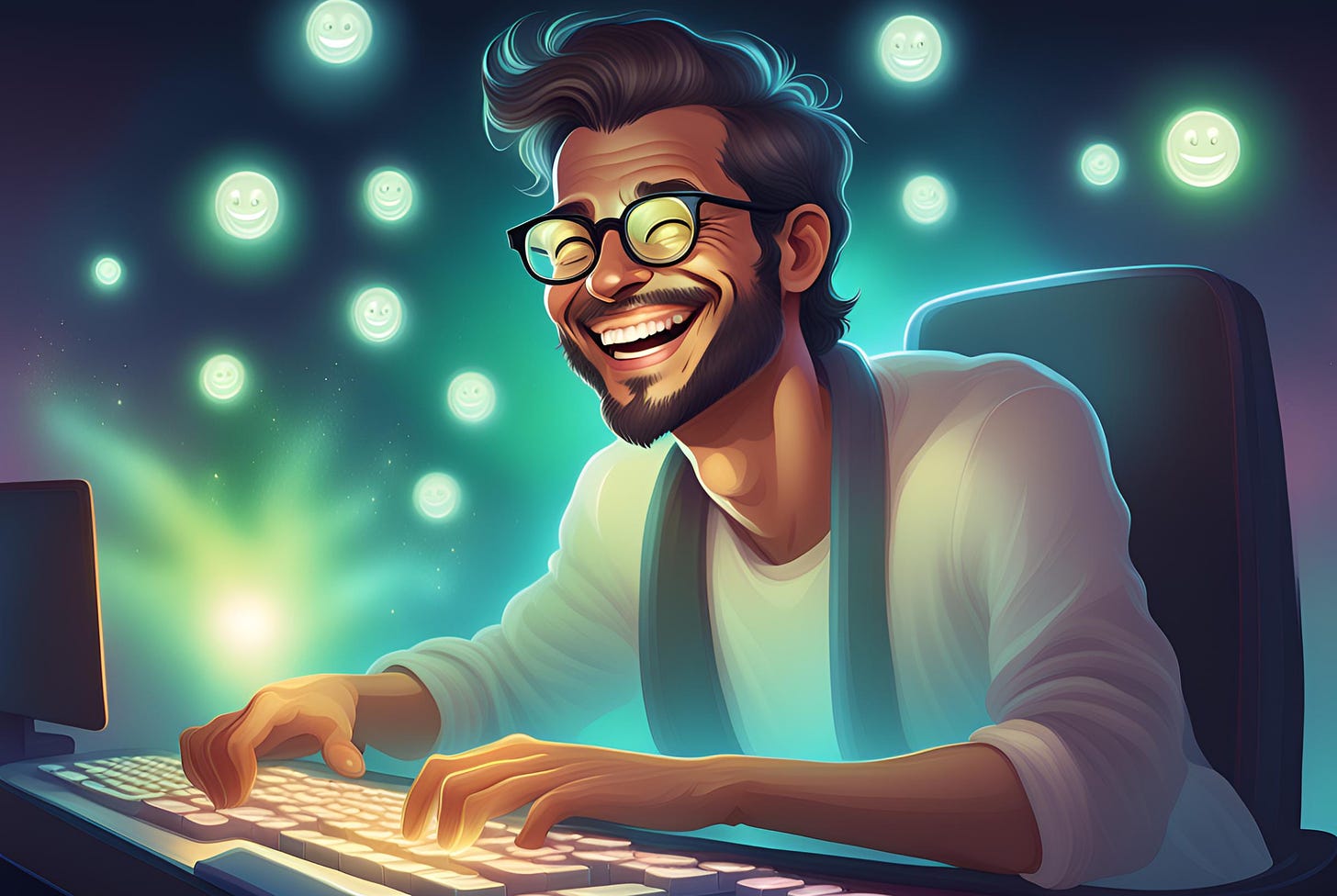 Illustration of a smiling man typing on a computer keyboard