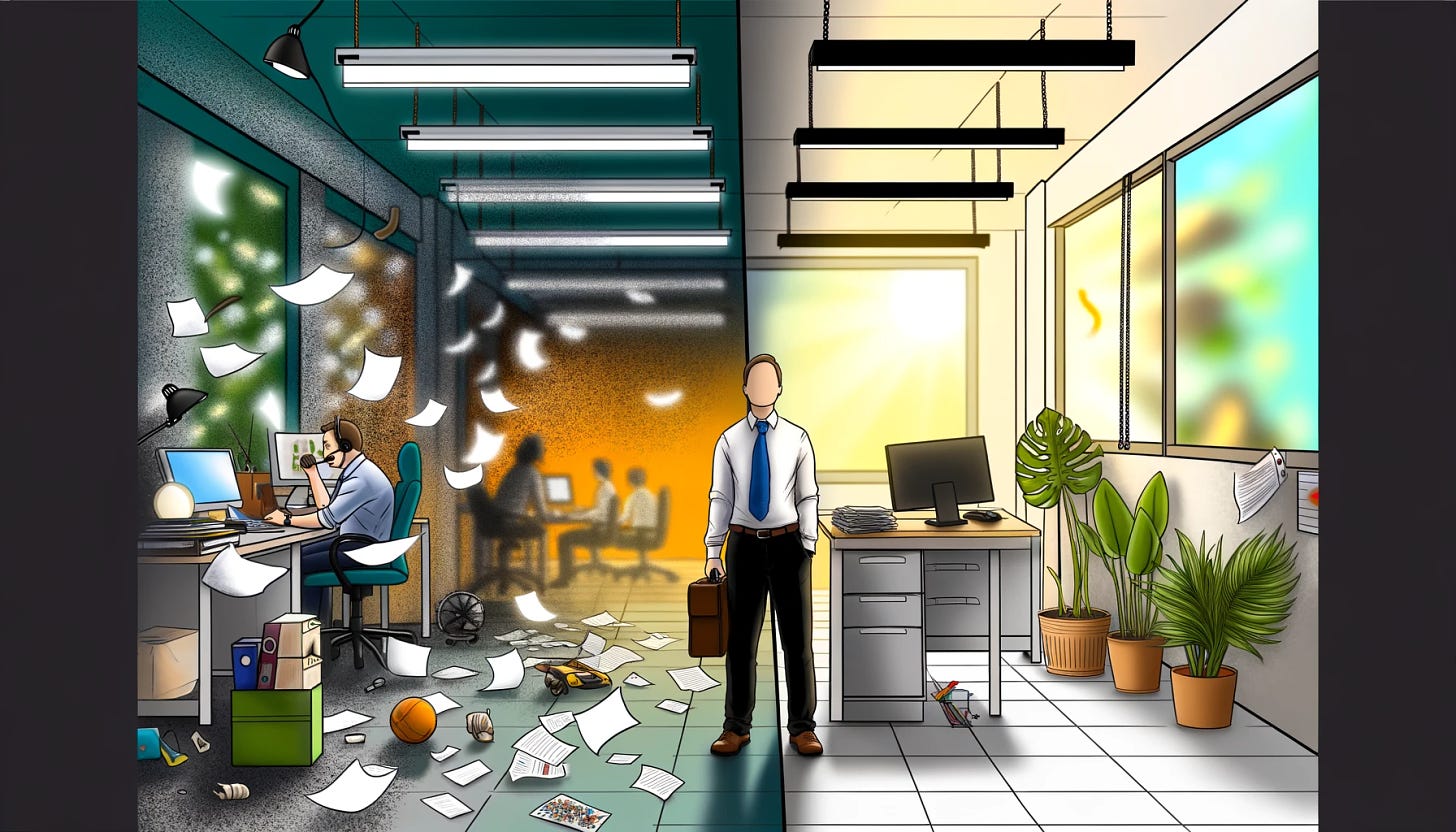 "Help Me... Help You," digital image by Johnny Profane Âû. A semi-realistic illustration of an autistic professional navigating two contrasting work environments. On the left, a chaotic, high-pressure scene: cluttered desks, scattered papers, harsh fluorescent lighting, stressed employees. A basketball, crumpled paper balls, a fan &  flying documents add disorder. A meeting with shadowy figures in the background emphasizes sensory overload & tension.  On right, a serene, secluded workspace contrasts with the chaos. A neat desk with few items: a computer, a stack of papers, a mug, an organized file drawer. Soft natural lighting from windows casts a warm glow over potted plants. The absence of other workers and distractions highlights the autistic professional's need for peace, structure & predictability.  This illustration emphasizes sensory &  social overloads faced by autistics in typical work settings & the importance of supportive environments.  Digital tools used include AI.