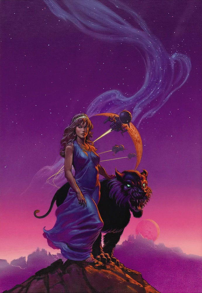 A woman wearing a shimmering diadem and simple gown rests her hand on the shoulder of a fierce panther-like cat. Its eyes glow green as it bares its fangs. They stand on a rocky hilltop set against an oversaturated purple sky stippled with stars. Over her shoulder a moon looms large with a wispy ethereal trail snaking and rising up. Three spaceships burn hard rocketing past. A smaller moon, partially obscured by the mountainous horizon, is tinted pink in the gradient of the lower sky.