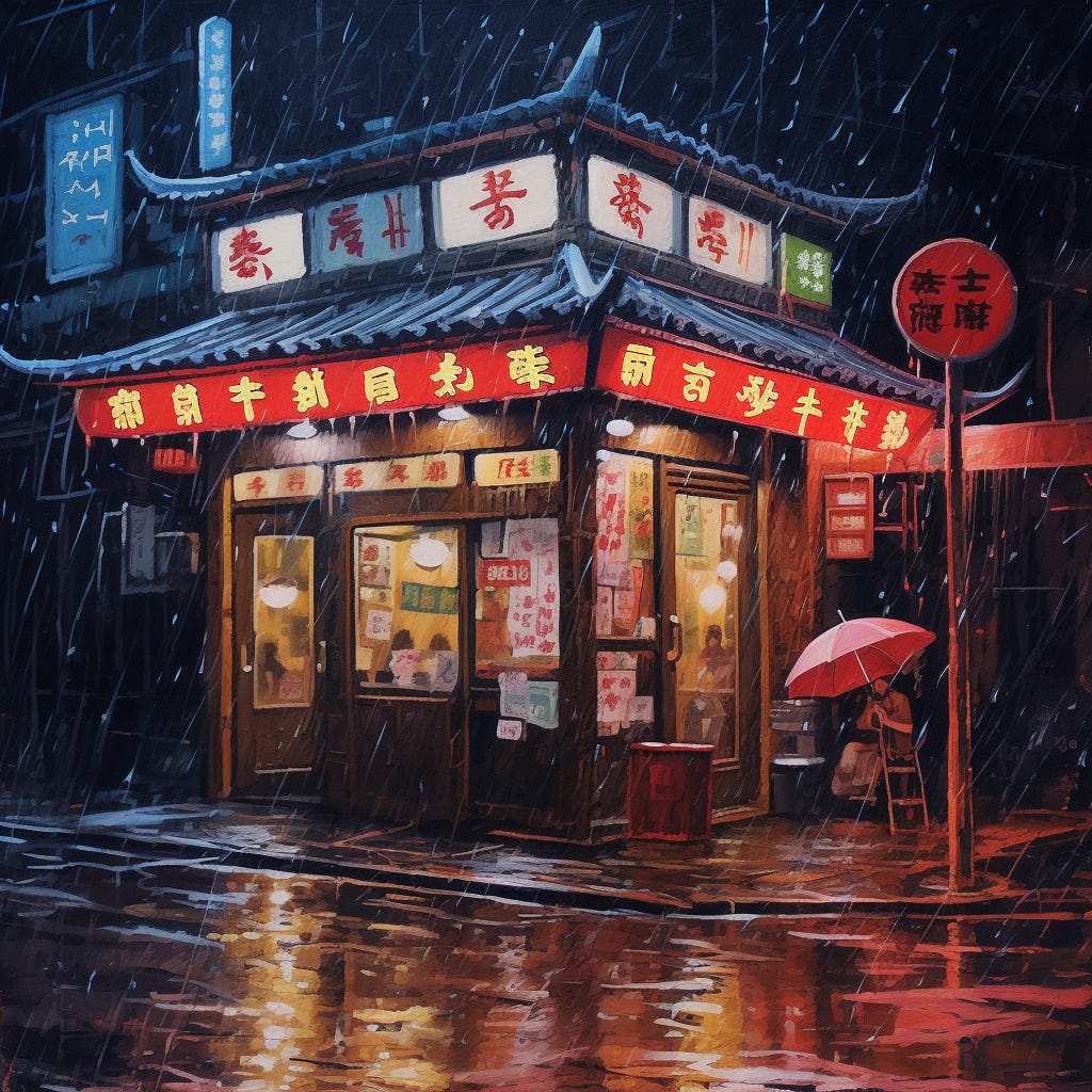 A chinese restaurant in the rain acrylic painting