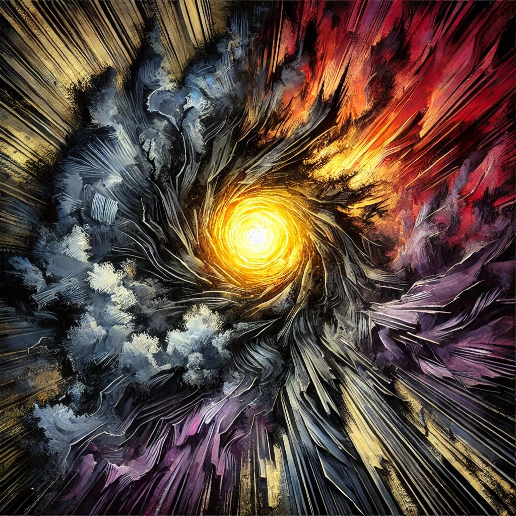 An abstract painting representing online harassment and the burden of safety on female creators. The image features dark, chaotic forms pressing in on a central glowing shape, symbolizing a woman’s protected space. The color palette includes deep purples, blacks, and harsh reds to depict threats, while a golden, resilient core represents strength and resistance. Jagged lines and layered textures convey tension, struggle, and the high cost of security in a digital world.
