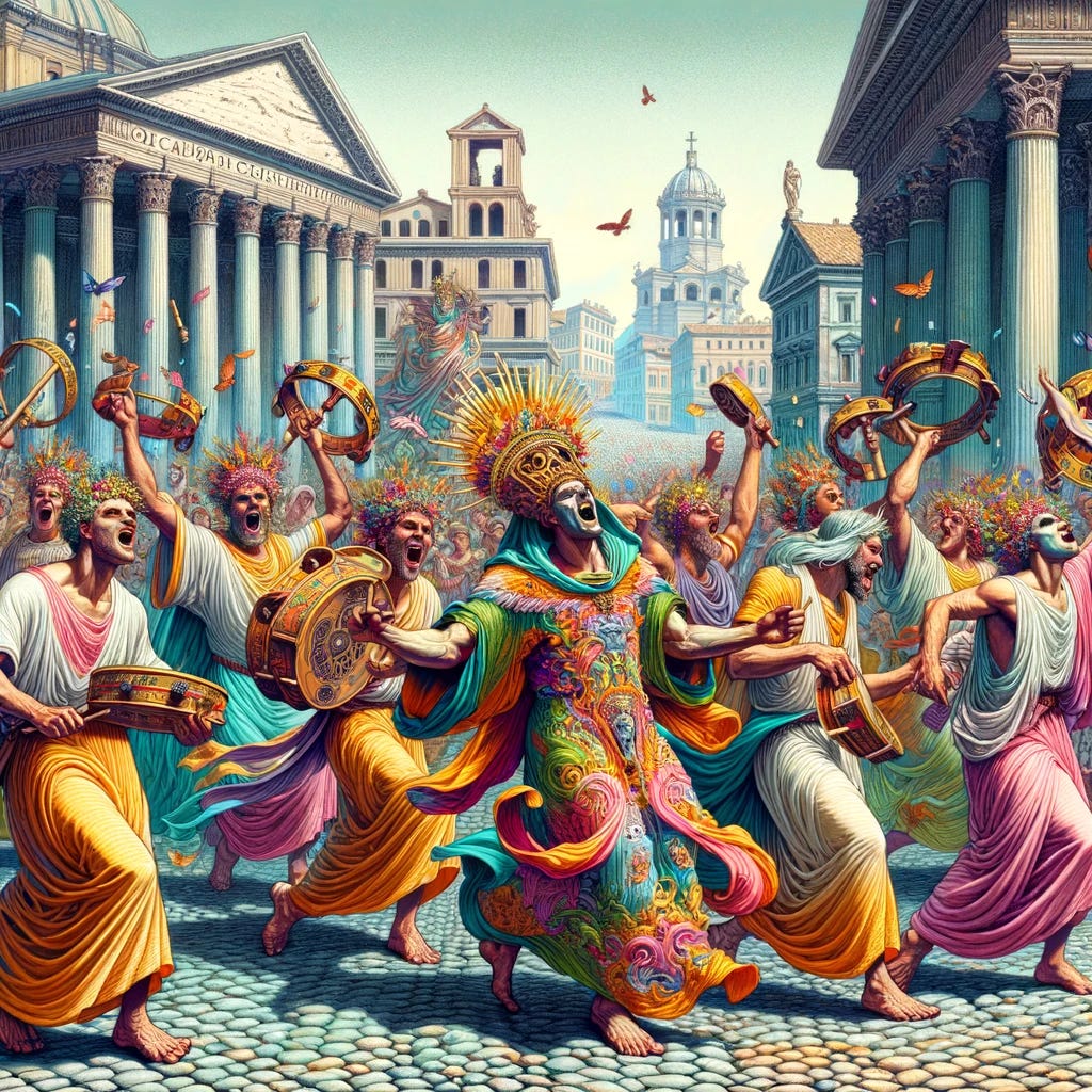 A vibrant and elaborate illustration depicting the Galli Priests of Cybele in ancient Rome. The image should capture a procession of Galli priests wearing colorful, flowing garments and elaborate makeup, dancing ecstatically with musical instruments like tambourines and cymbals. They are surrounded by onlookers in a bustling Roman street, with the majestic architecture of Rome in the background, including columns and temples. The scene should convey a sense of fervent devotion, ecstatic celebration, and the breaking of societal norms, reflecting the unique and controversial nature of their worship.