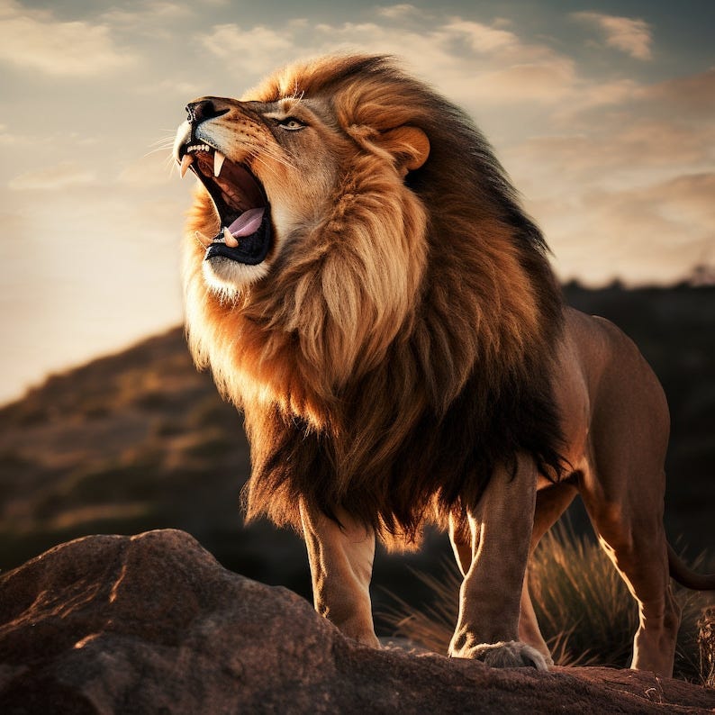 Art print Photo lion roaring 4096x4096, image size 346.79 x 346.79 mm/Print Art Photo of lion roaring on a rock 4096x4096 image 1