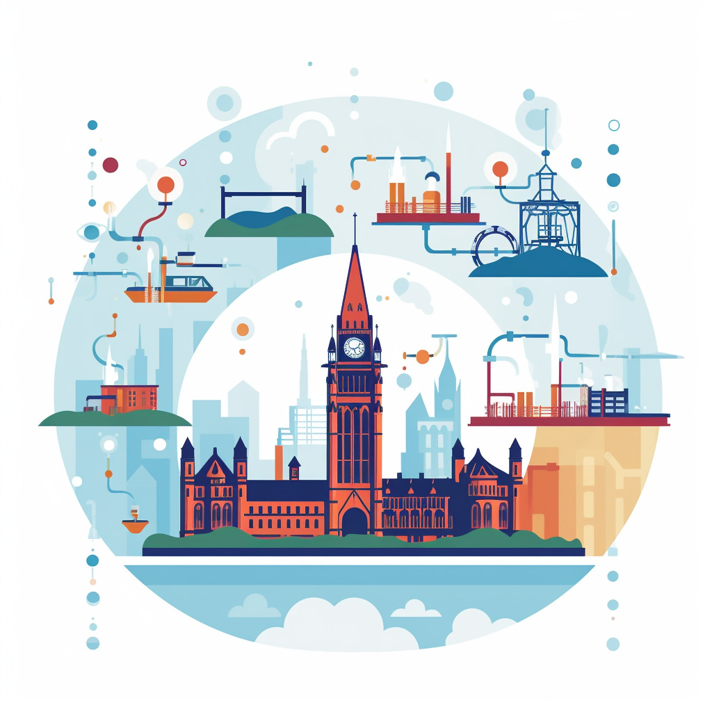 A stylized image of the Canadian parliament buildings surrounded by a circle of motifs representing scientific research and economic development