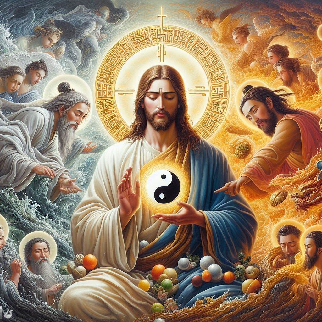 Fusion of Taoism and Christianity featuring Chinese Jesus, yinyang, 十, classic oil painting
