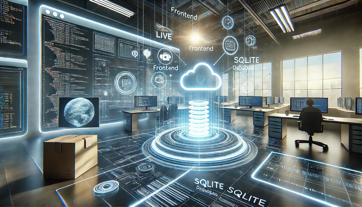Futuristic web dashboard with data flow lines and SQLite icon in a bright cloud-tech workspace. 