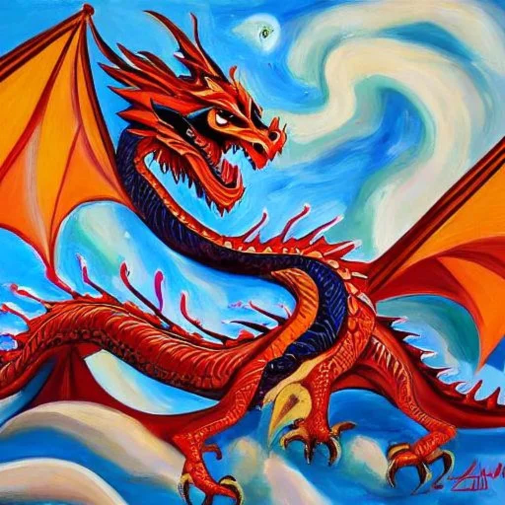 Red and and blue dragon, with orange wings, against a blue sky with some clouds.