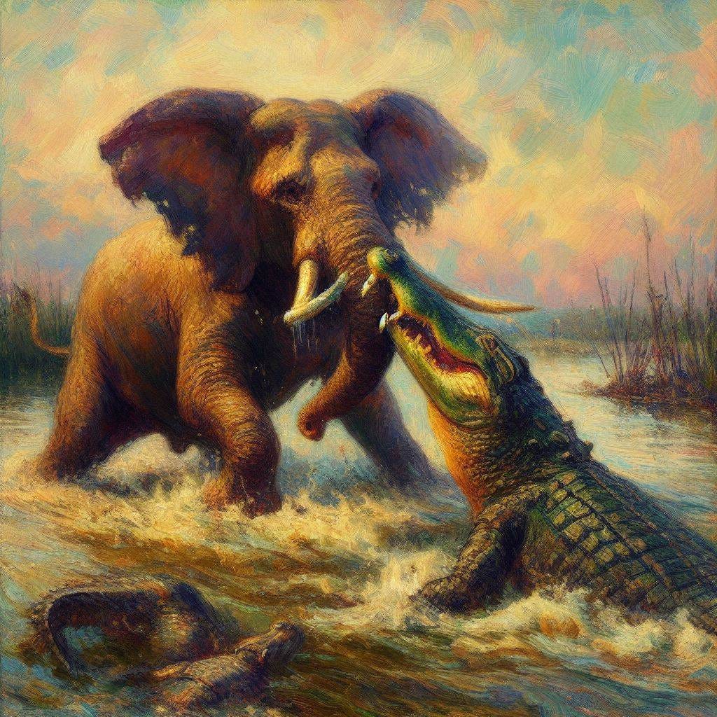 An elephant wrestling a gator, impressionism