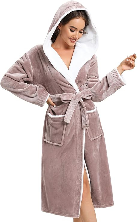 Kniffi Womens Winter Robe Fleece Hooded Bathrobe Plush Warm Robes