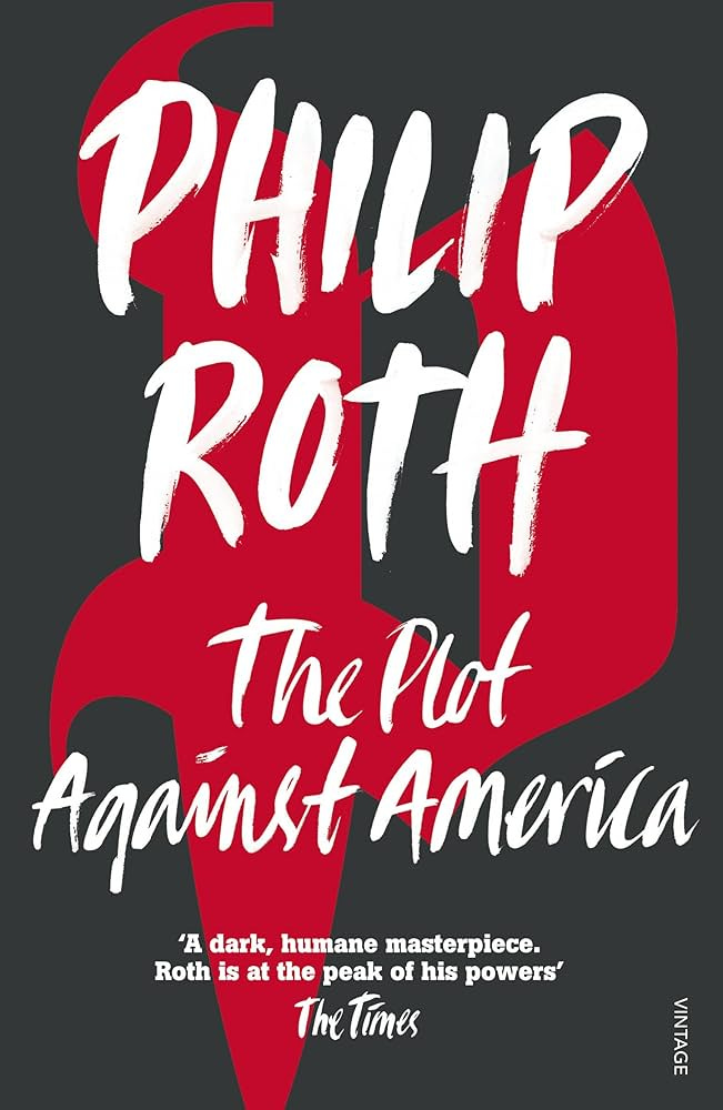 cover of philip roth's plot against america; cover is black with a red splotch 
