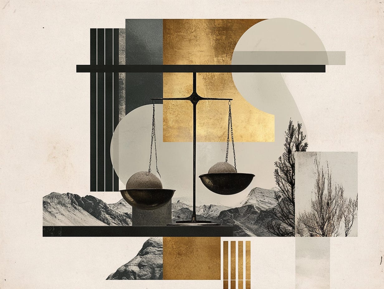 Midjourney illustration of a vintage scale weighing two stones. Collage style art.