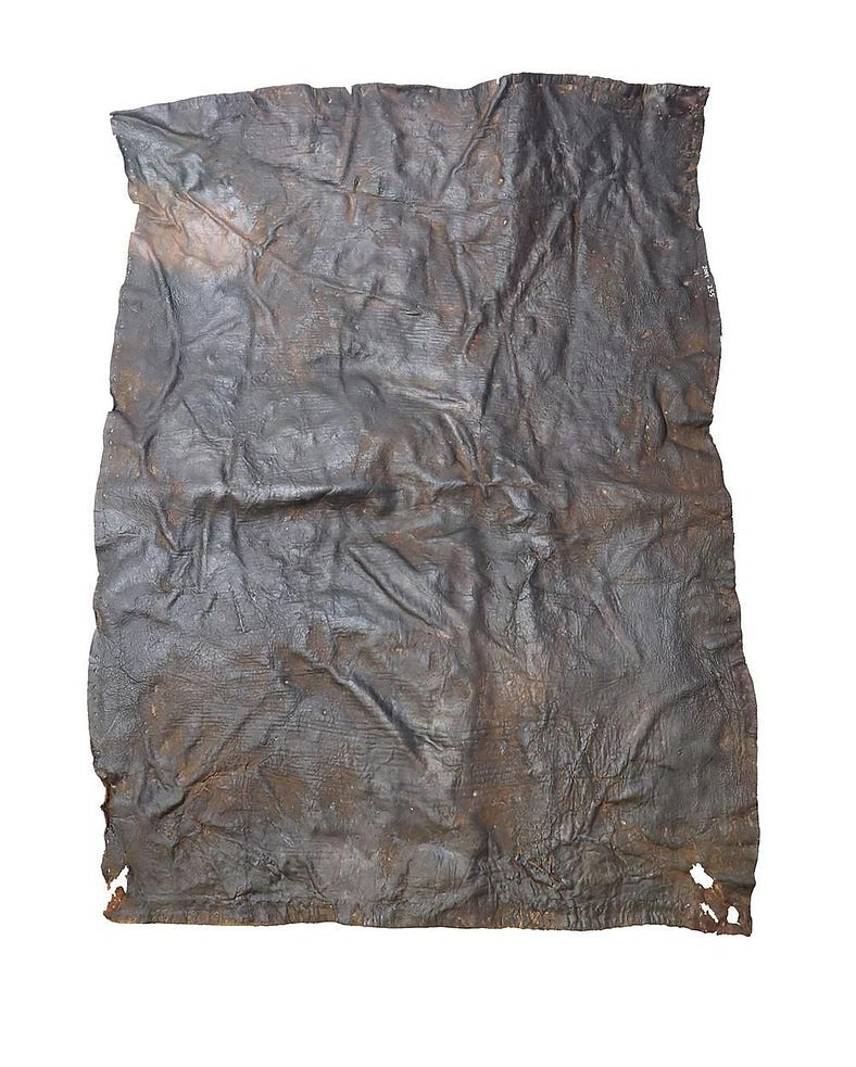 A pickled looking piece of original Roman waterproof tent cloth. Made of goatskin. It’s one of several waterproof squares on display. Not in the picture, but also on display, were the wooden tent pegs used to put the tent up.