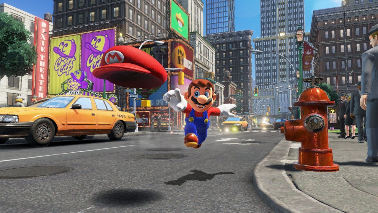 Mario jumping through the air throwing his hat in Super Mario Odyssey