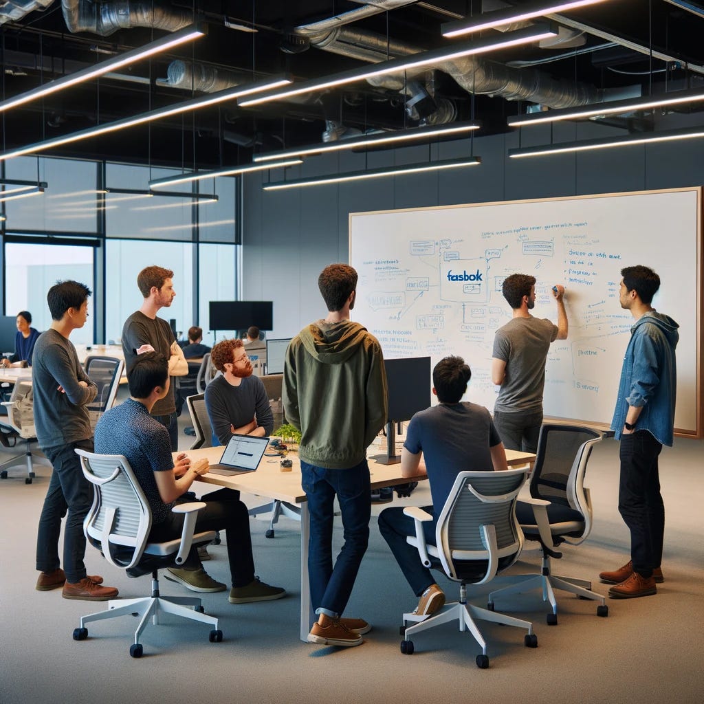 A modern meeting room in Facebook's office with 5-10 diverse software engineers standing and actively discussing around a whiteboard. One engineer is writing on the whiteboard, while others are engaged in conversation or looking at the notes. The room includes ergonomic chairs pushed aside, large monitors, and a casual yet focused atmosphere indicative of a collaborative and technology-driven workspace.