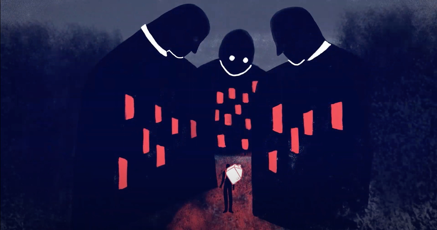 Screenshot uit de illustratievideo van Mohamed. Je ziet een figuurtje door een abstracte straat lopen met een rugzak in de vorm van een huis op zijn rug. De gebouwen zijn silhouetten van mensen die op hem neerkijken.