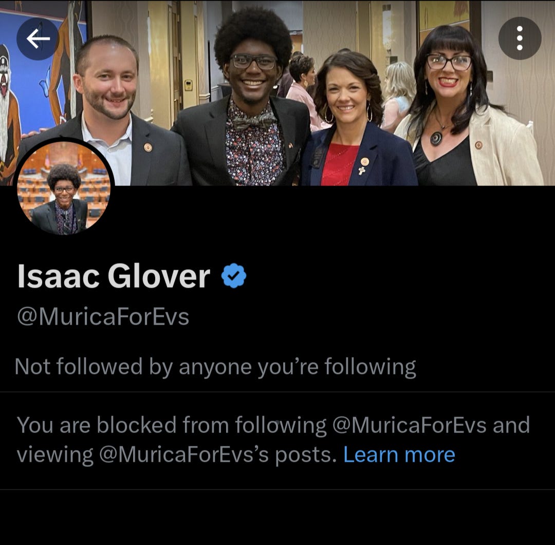 Issac Glover's social media home page that shows Jeanne Casteen is blocked