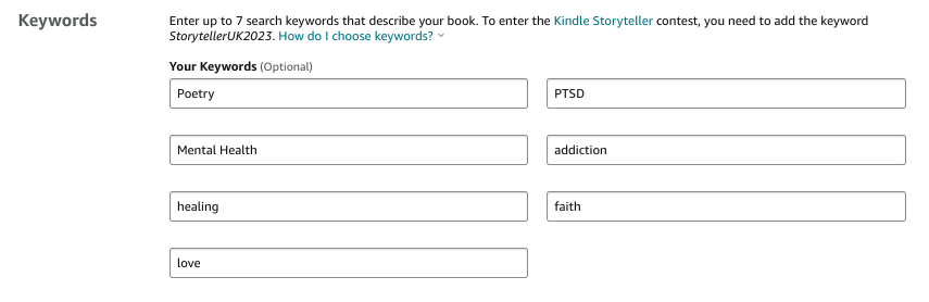 Screenshot of Amazon KDP keyword boxes