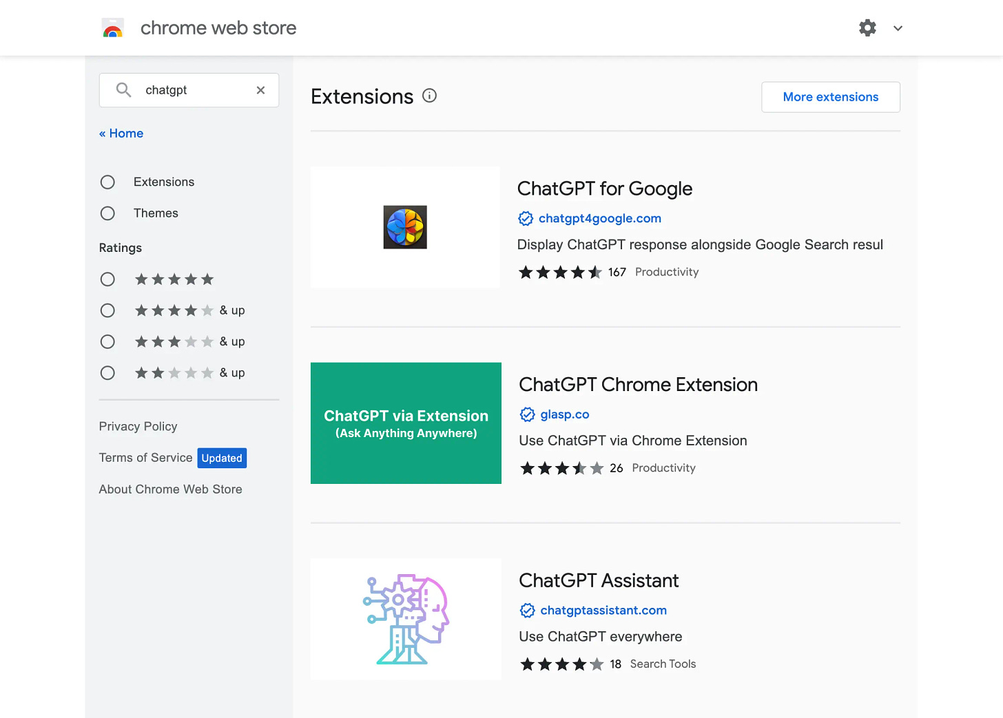 Chrome Web Store ChatGPT search results