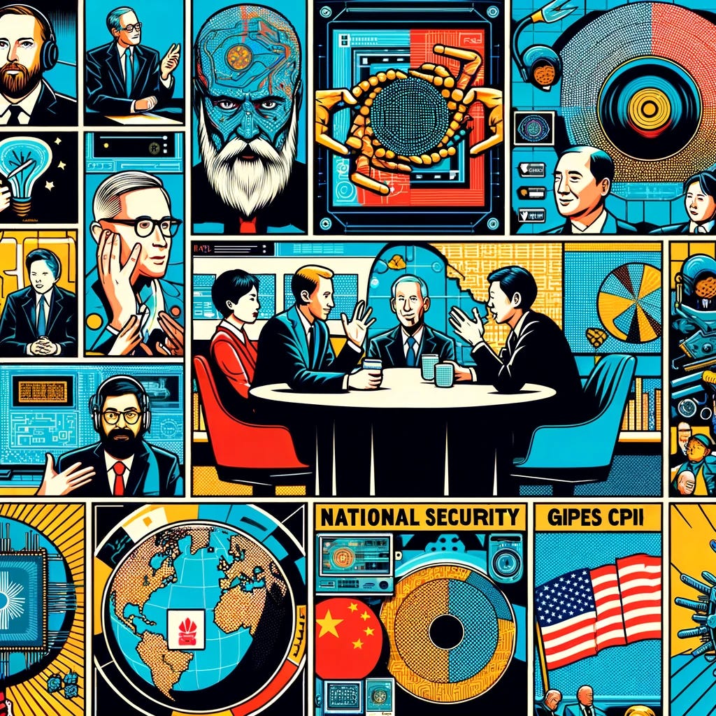 A retro comic book style illustration depicting themes from a series of podcast interviews. The layout is divided into multiple panels, each showcasing a different aspect of the discussions. One panel features a round table with animated characters deeply engaged in conversation, symbolizing intellectual exchange. Another panel shows an abstract representation of national security, like a map or geopolitical scene. A third panel highlights technological themes, with a detailed drawing of a microchip, representing breakthroughs like Huawei's 7nm chip. Another panel focuses on US-China relations, with a stylized globe showing China and the USA. The last panel contains elements of AI and GPT, symbolizing discussions on technology's impact on global powers. The entire illustration is vibrant, with bold lines and a classic comic book color palette, evoking a sense of dynamic storytelling.