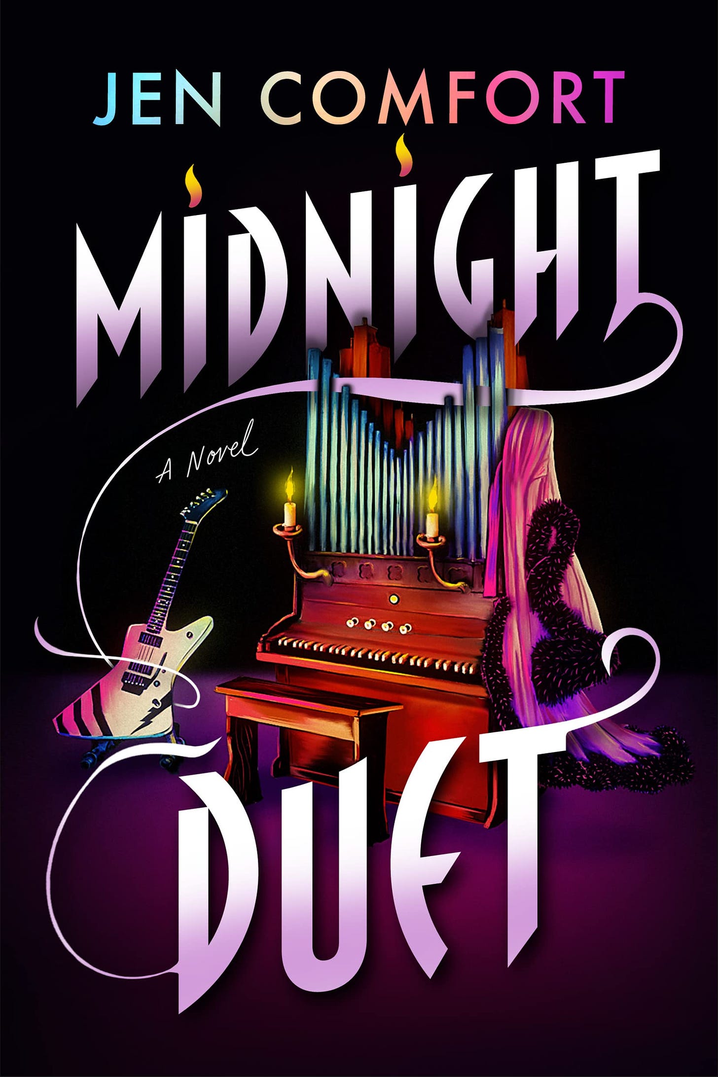 Jen Comfort's book cover for Midnight Duet. There's a pipe organ, with an electric guitar nearby