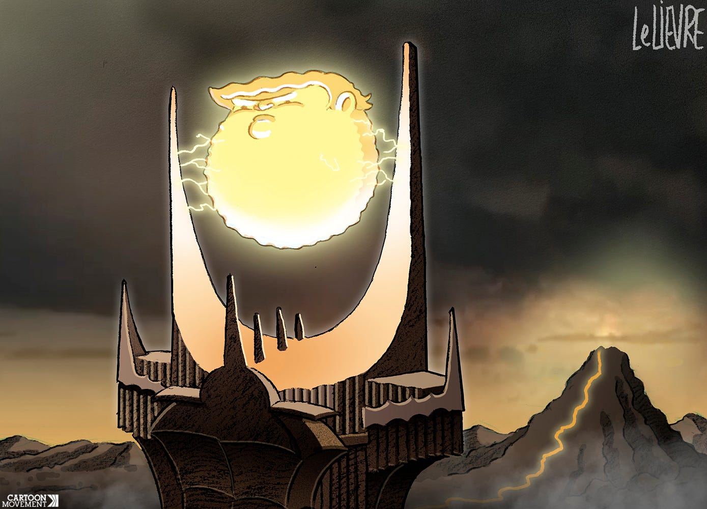 Cartoon showing the head of Trump as the evil eye of Sauron atop the tower of Barad-dûr.