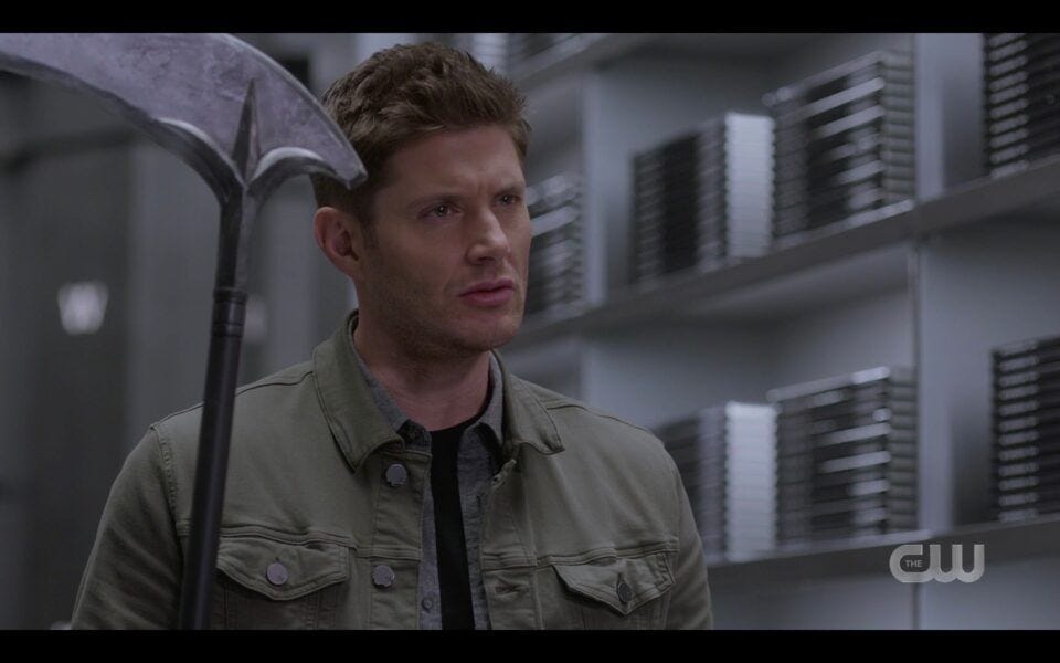 SPN Dean Winchester holding scythe up hunting Billie Destiny