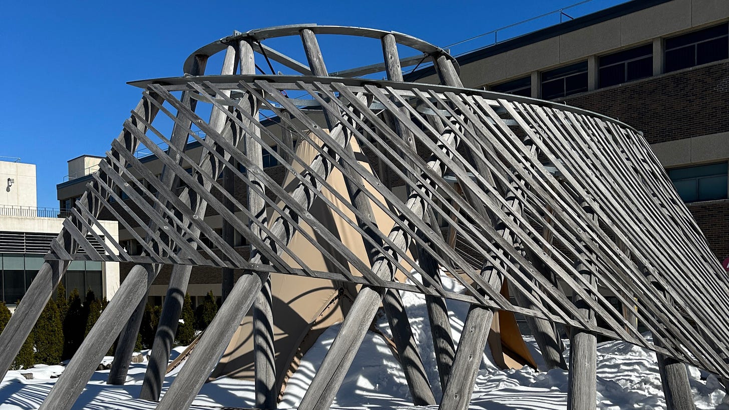 Hoop dance structure and teepee at Mohawk College’s Fennell Campus in Ward 8 from my visit to Indigenous Education and Student Services in March