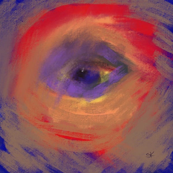 Abstract painting by Sherry Killam Arts, purple and orange swirls suggesting a closeup of an eye.