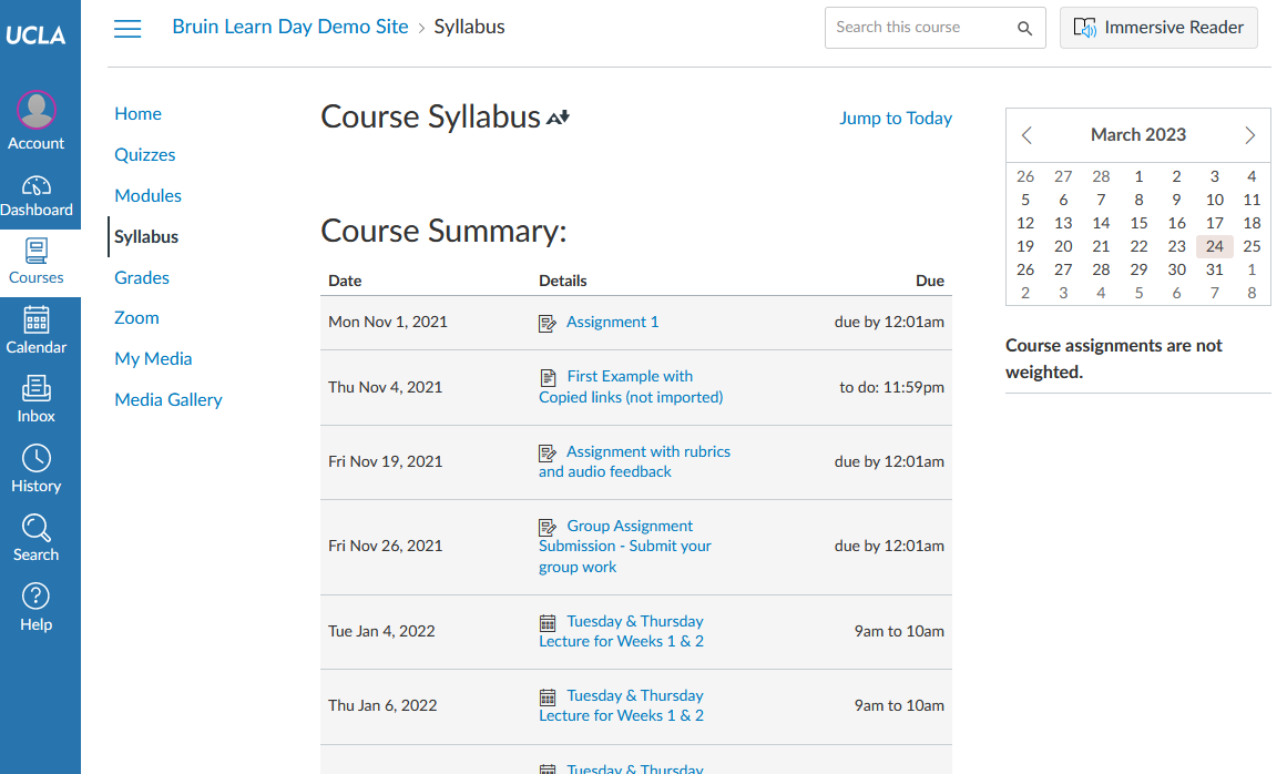 A screenshot of the Syllabus page from a Bruin Learn site with a list of activities and their due dates.