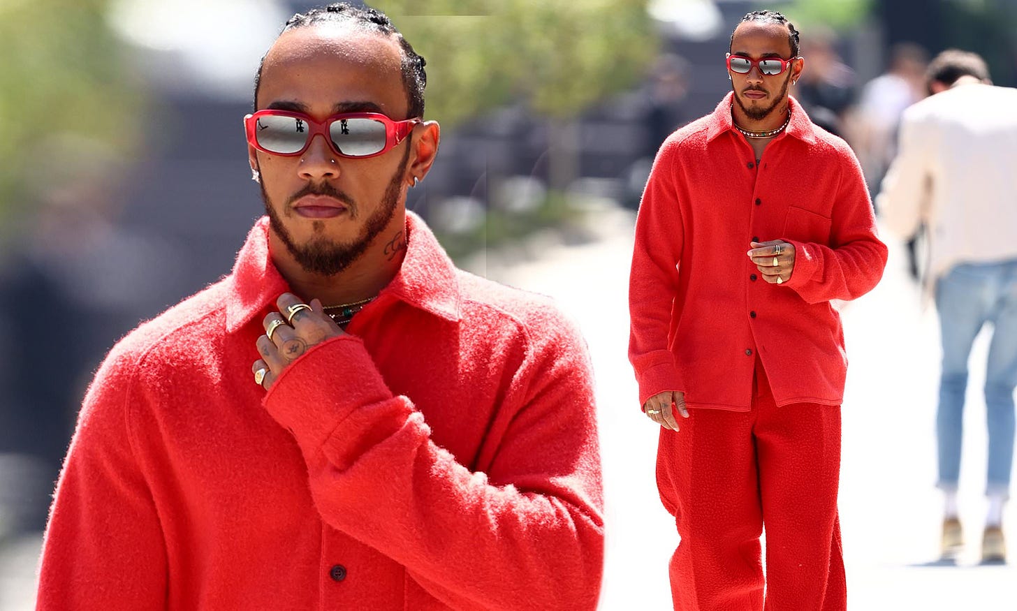 Lewis Hamilton defies the heat in a red FLEECE co-ord ahead of the F1 Grand  Prix in Bahrain | Daily Mail Online
