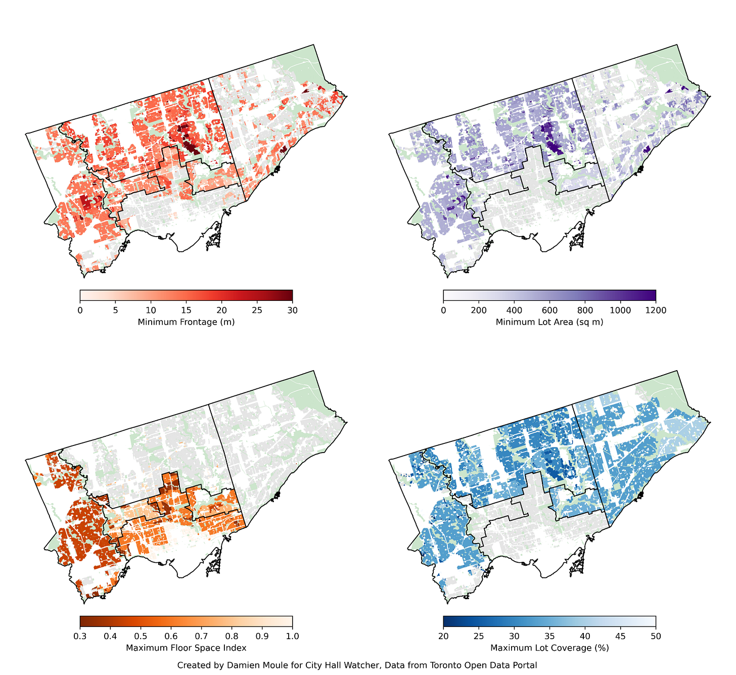 Four maps showing Toronto's complex zoning rules