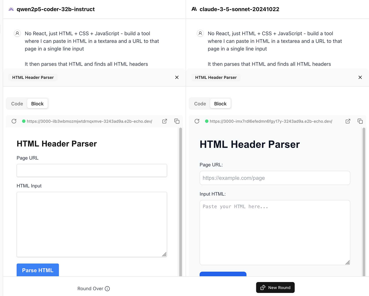 Side-by-side comparison of two HTML Header Parser web applications, labeled as qwen2p5-coder-32b-instruct (left) and claude-3-5-sonnet-20241022 (right). Both show identical interfaces with "Page URL" and "HTML Input" fields, and "Parse HTML" buttons. The right interface has placeholder text "https://example.com/page" and "Paste your HTML here...". The task description reads "No React, just HTML + CSS + JavaScript - build a tool where I can paste in HTML in a textarea and a URL to that page in a single line input" followed by "It then parses that HTML and finds all HTML headers" for both.