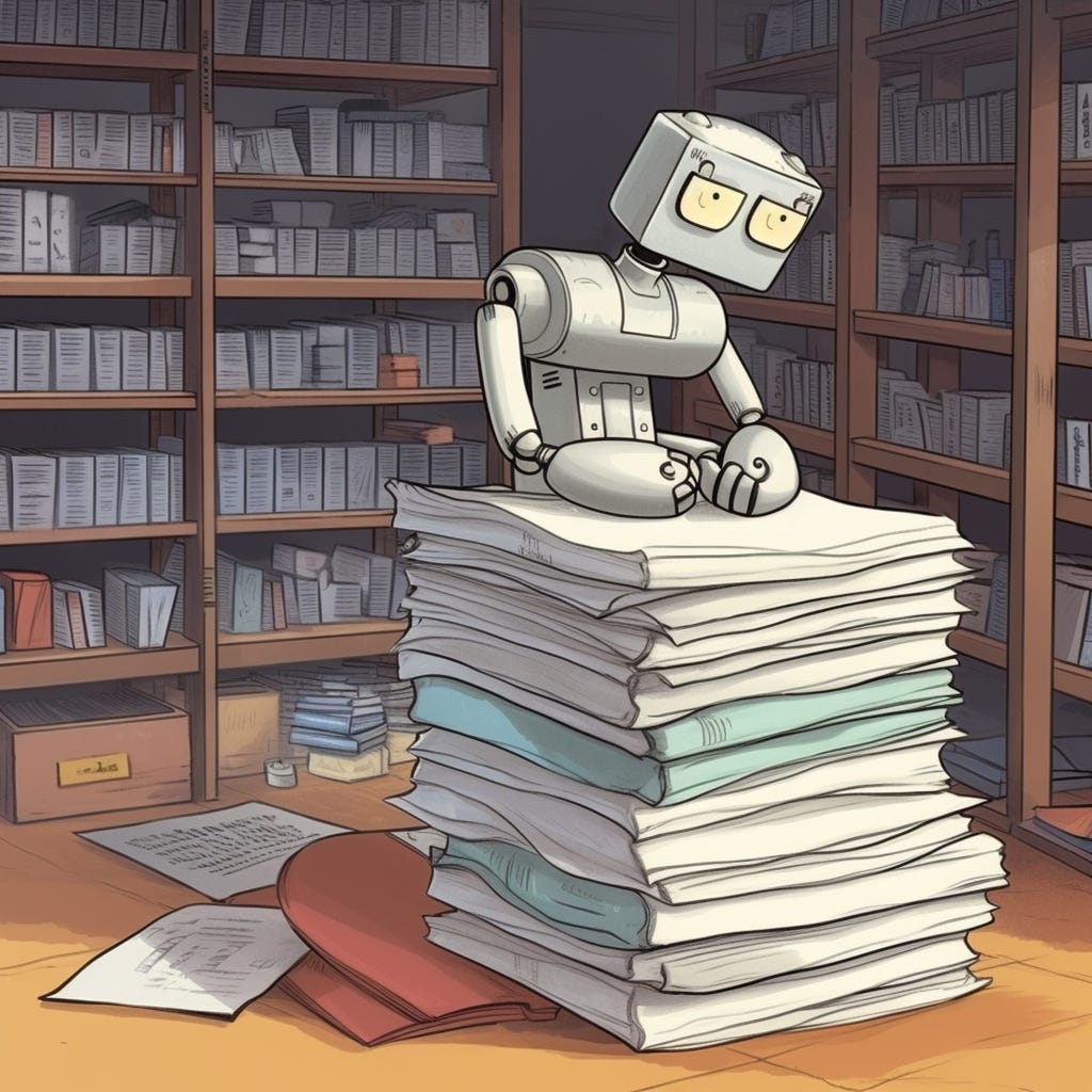 A sad, overworked robot binding books in a warehouse.