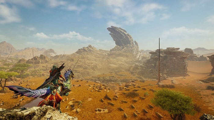 The very first promotional image of Monster Hunter Wilds, with a Hunter ontop of a Seikret (mount) facing a vast savanah like area.