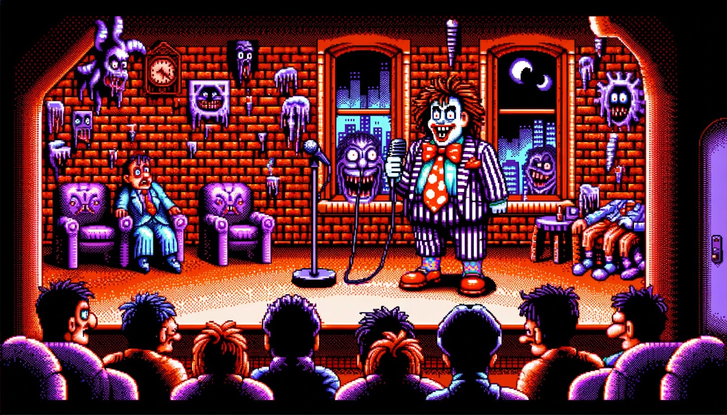 A 16-bit SNES-style image depicting a stand-up comedian in front of a brick wall in a different nightmarish comedy club. This comedian looks ridiculously uncool, with a giant polka-dot tie, mismatched socks, and a striped suit. The club has a spooky atmosphere, featuring dim red and blue lighting, chairs that seem to have faces, and bizarre, melting clocks on the walls. The small audience appears disinterested and confused, some are yawning, while others have puzzled looks on their faces.