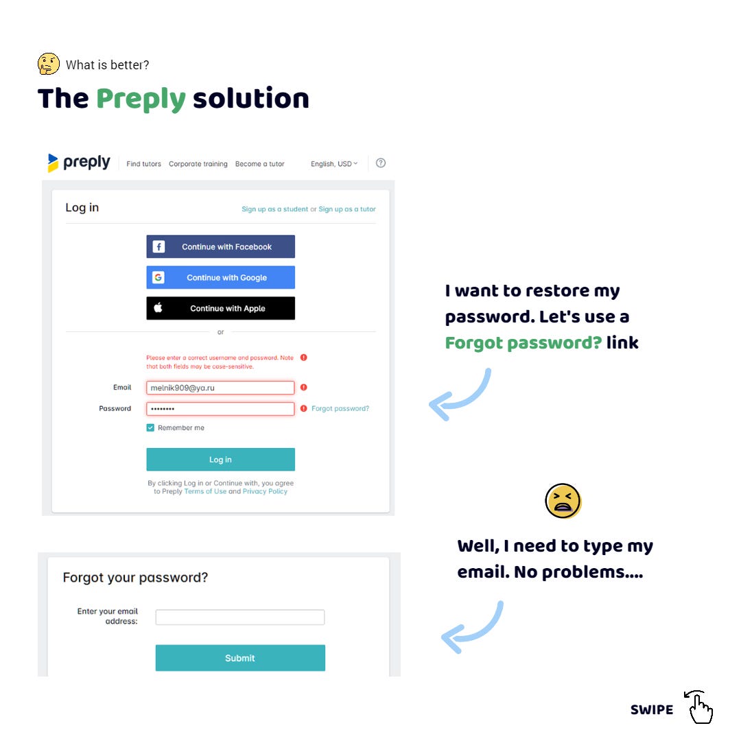 The Preply app. The login form is open. I click the "Forgot password" link. I see the password recovery form. Oh, I need to type my email again