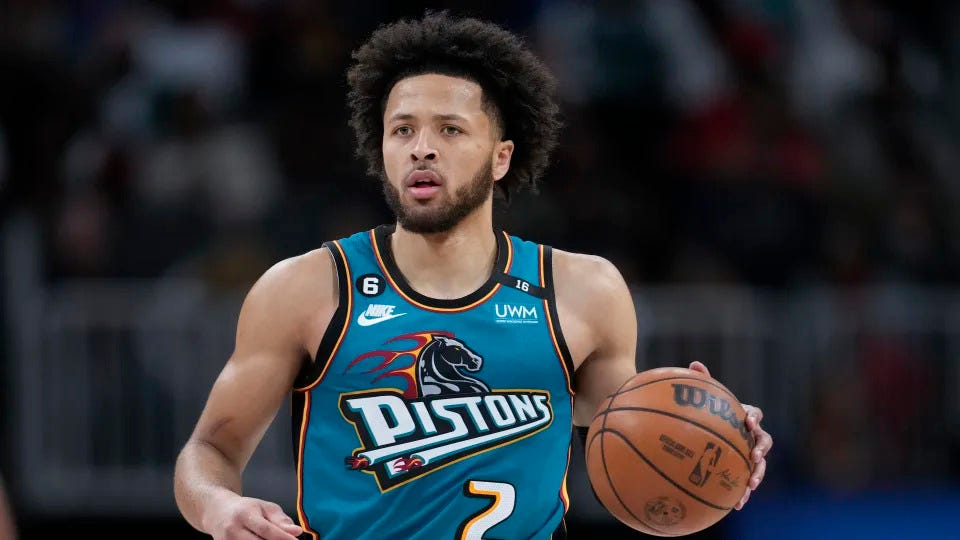 Detroit Pistons guard Cade Cunningham plays against the Atlanta Hawks on Oct. 28, 2022. (AP Photo/Paul Sancya)