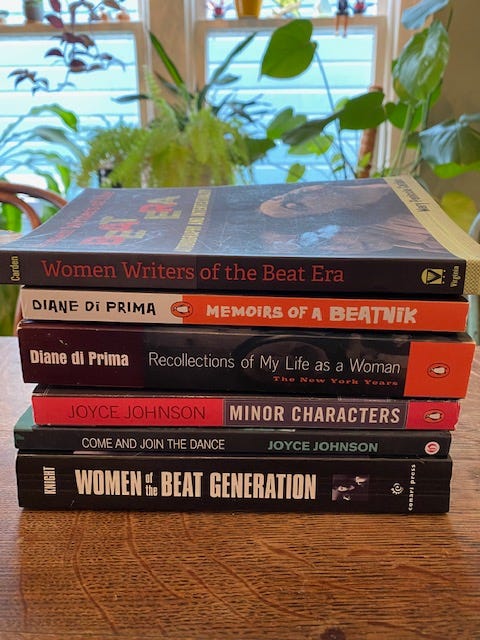 Books by Diane di Prima and Joyce Johnson, and two books about women writers of the Beat era