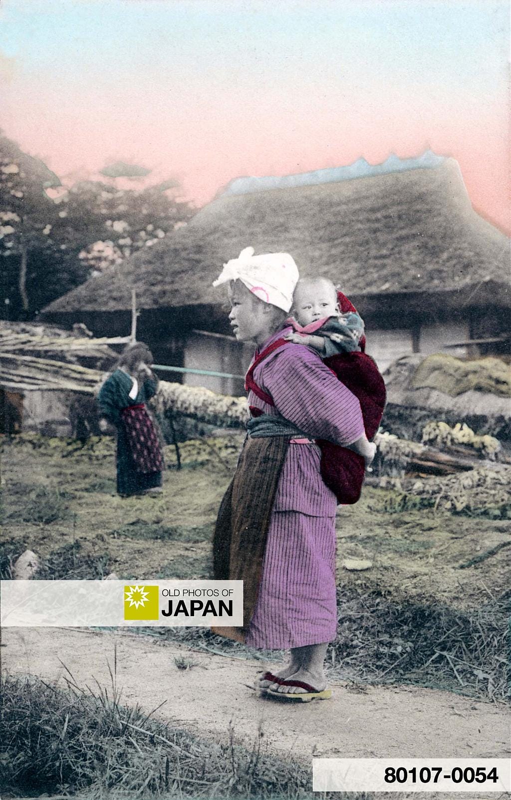 Japanese komori nursemaid in the countryside, 1910s